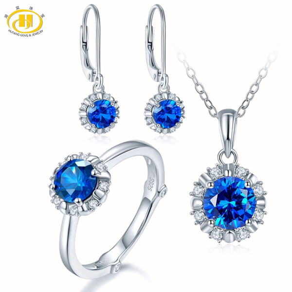 Hutang Natural September Birthstone Created Sapphire Solid 925 Sterling Silver Ring Pendant Earrings Gemstone Jewelry Sets Gift