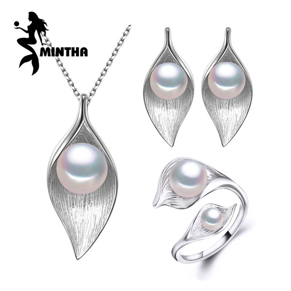 MINTHA 925 Sterling Silver earrings with stones,natural Pearl jewelry sets for women,bohemian Leaf necklace stud earrings rings