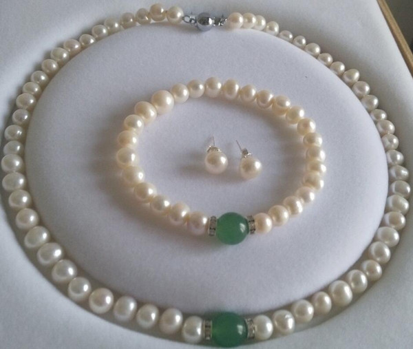 luxury Noble jewelry Natural White Akoya Pearl &Green Bracelet Necklace Earrings Jewelry set free shipping