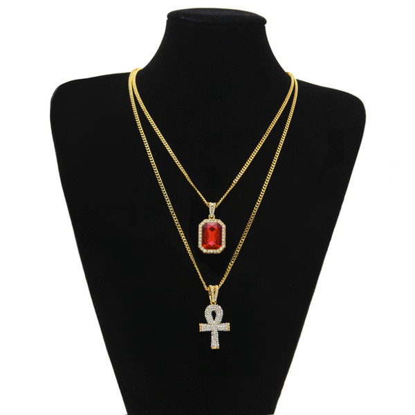 Hip Hop Iced Out Diamond Pendant Necklace Cross Ankh Key Gold Chains Jewelry Set for Women Male