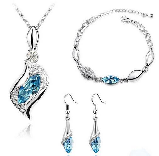 Jewelry Set Wedding Sapphire Jewelry Sets Gem Stone Women Angel Silver Platinum Plate Austrian Crystal Necklace Earring