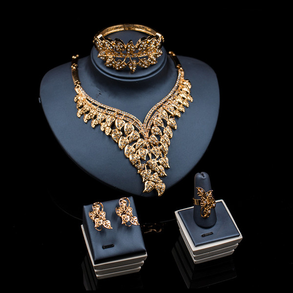 NF663 African Beads Jewelry Sets Summer Style Wedding Accessories Fine Crystal Gold-color Bridal Necklace Bracelet Earrings Rings Set