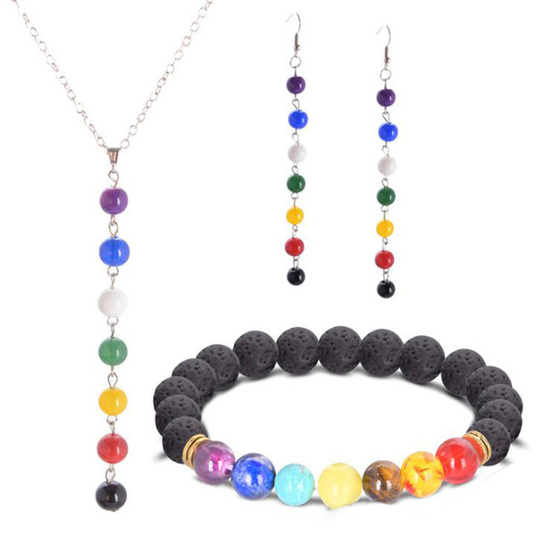 Fashion Jewelry Set Colorful Beads Bracelet&Necklace&Earring Natural Stone 7 Reiki Chakra Healing Balance Beads Lover Gift