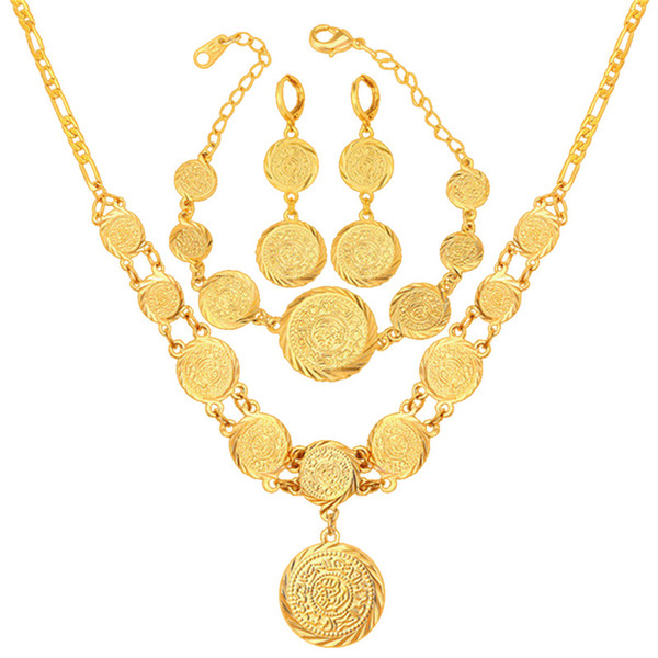 Women 18K Gold Plated Muslim Symbol Coin Beaded Necklace Bracelet Earrings Set Necklace Earring Bracelet Set