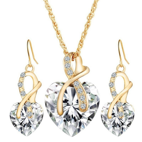 Gold Plated Jewelry Sets For Women Crystal Heart Necklace Earrings Jewellery Wedding Accessories