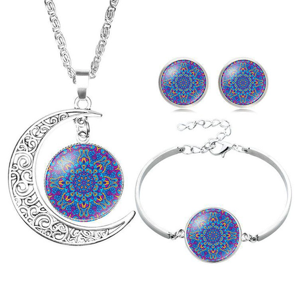 2019 New Fashion Jewelry Set Colorful Mandala Flower Hollow Crescent Moon Pendant Chain Necklace Drop Earrings Bracelet