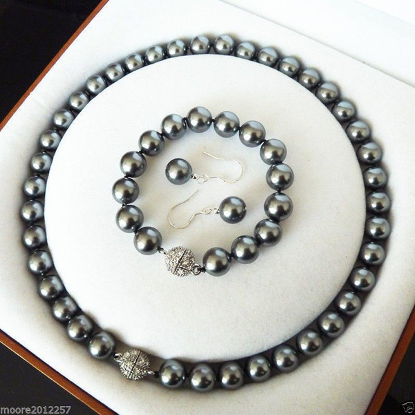 free shipping >NEW AAA+ 10mm black shell pearl fashion bracelet & earring necklace jewelry set