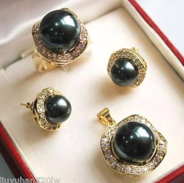 Hot sale 10mm &14mm black South sea Shell Pearl Earrings Ring Necklace Pendant Set