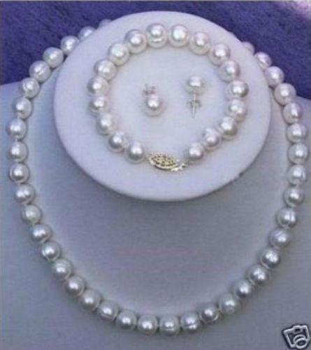 free shipping >Hot 7-8mm Real White Cultured Pearl Necklace Bracelet Earring Set 18