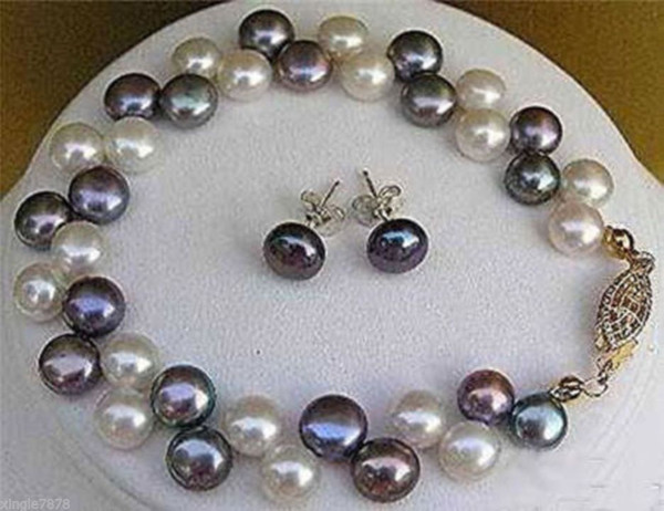 free shipping >7-8MM 2 Rows Black White Pearl Bracelet Earrings Set 7.5''