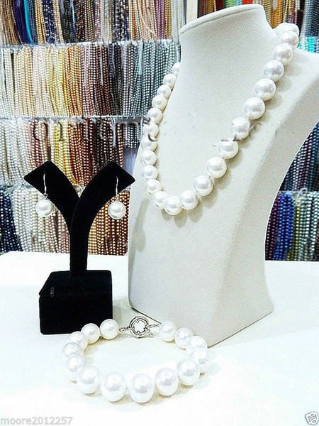 free shipping >Big 14mm round White South Sea Shell Pearl Necklace Bracelet Earring Set