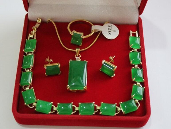 wholesale beautiful 18KGP green Natural Stone,ring(#7.8.9), pendant & stud earring jewelry set