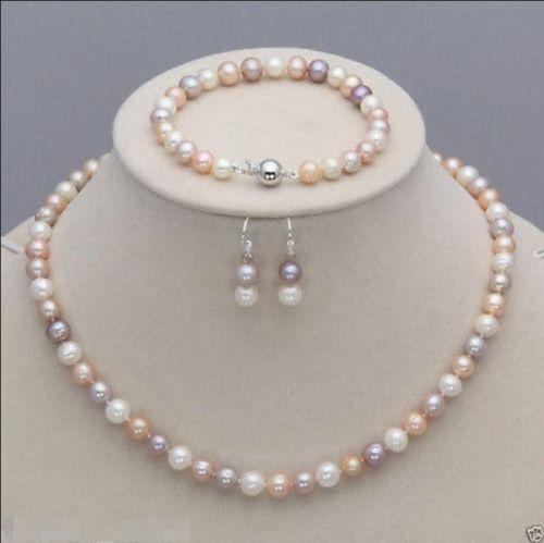 New 7-8mm White Pink Purple Freshwater Pearl Necklace Bracelet Earrings Set