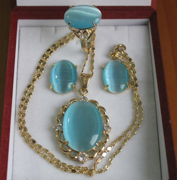 wholesale elegant 18kgp Inlay sky blue opal pendant necklace earring & ring jewelry set