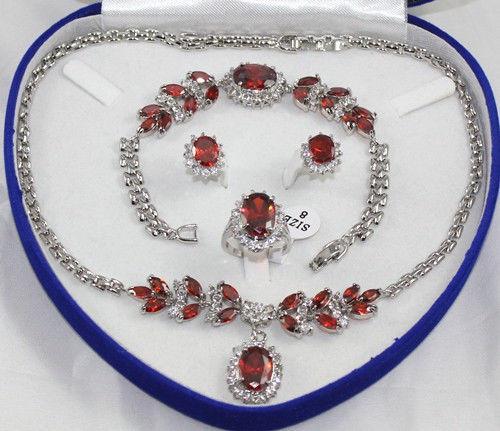 free shipping > Noblest 18K White Gold GP Inlay Red Crystal Necklace Bracelet Earring Ring No box