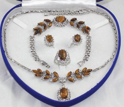 free shipping > Rare 18K White Gold GP Inlay Tiger's Eye Necklace Bracelet Earring Ring No box