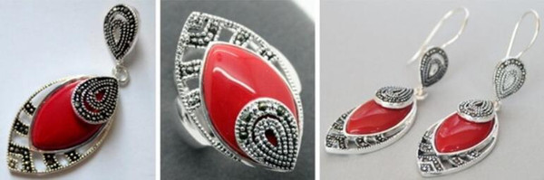 Lady's Red Carved Lacquer Marcasite 925 Sterling Silver heart Ring(#7-10) Earrings & Pandent jewelry sets