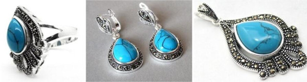 Vintage Blue Stone 925 Sterling Silver Marcasite Ring (#7-10) pendant and earrings sets 08