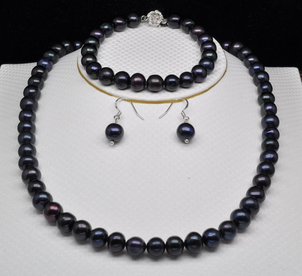 free shipping > Nice AAA+ 7-8mm Black pearl necklace&bracelet&earring new