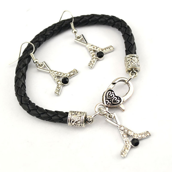 Drop Shipping Crystal Hockey Shape Design Charm Pendent Leather Chain Bracelet Earrings Set Jewelry For Women