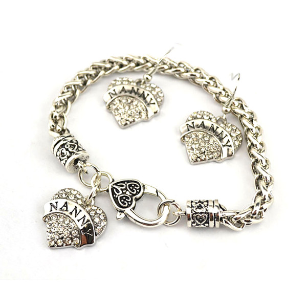 Apricot Fu Fashion Antique Sliver Plated NANNY Heart Charm Studded With Sparkling Crystal Bracelet Earring Set Jewelry