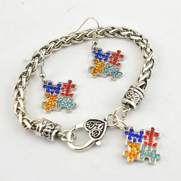 Fashion Rhodium Plated Zinc Studded With Sparkling Crystals Autism Awareness Puzzle Piece Pendant Bracelet Earring Set Jewelry