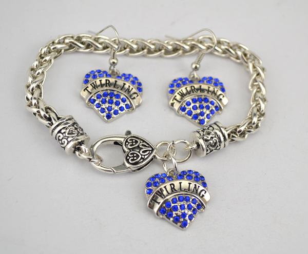 Apricot Fu Fashion Antique Sliver Plated TWIRLING Heart Charm Studded With Sparkling Crystal Bracelet Earring Set Jewelry