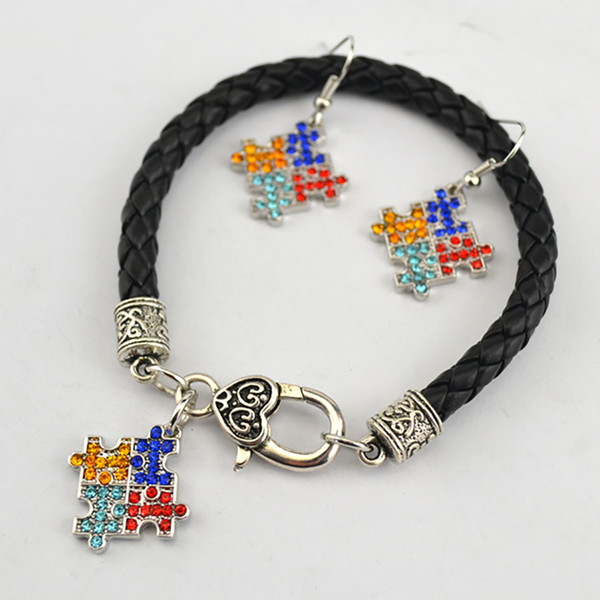 Fashion Rhodium Plated Zinc Studded With Multi-Colored Crystal Awareness Puzzle Style Charm Pendant Bracelet Earring Set