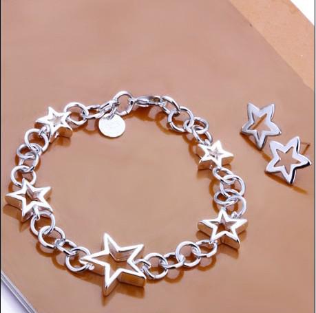 100% new high quality 925 sterling silver star bracelet earrings charm jewelry set free shipping 5set/lot