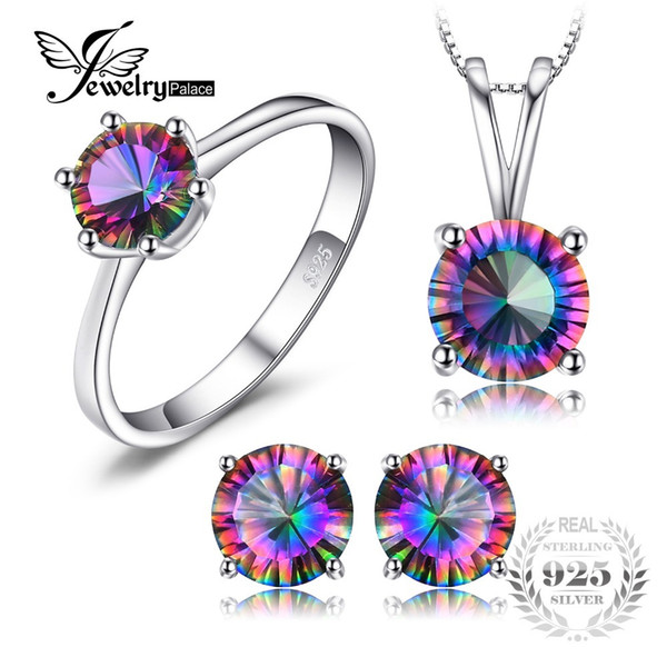 Classic Round Genuine Rainbow Fire Mystic Topaz Pendant Ring Earring For Women Wedding Gift Set 925 Sterling SilverY1882503