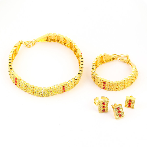 New Ethiopian Gold Color Jewelry Sets Alloy Chokers Earrings Ring Bracelet Africa Wedding Eritrea Set