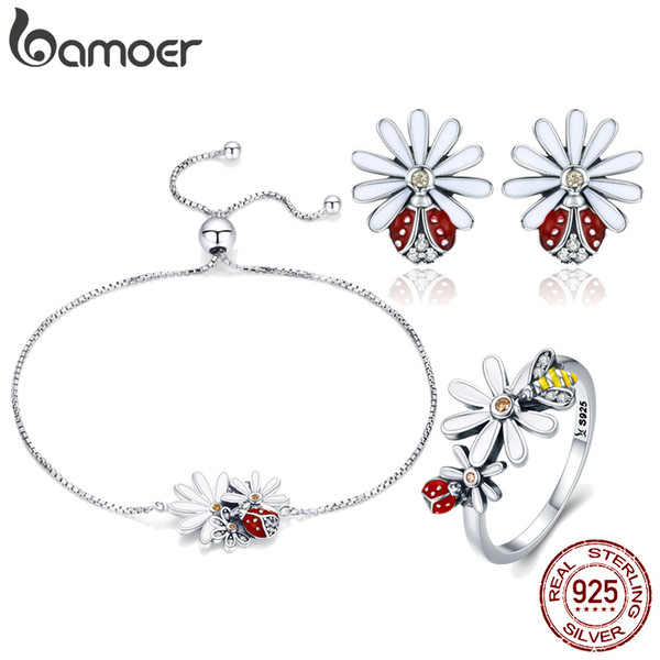 3PCS 925 Sterling Silver Ladybug Daisy Flower Jewelry Sets Women Bracelets Stud Earring Rings Set Women Anniversary Luxury Jewelry