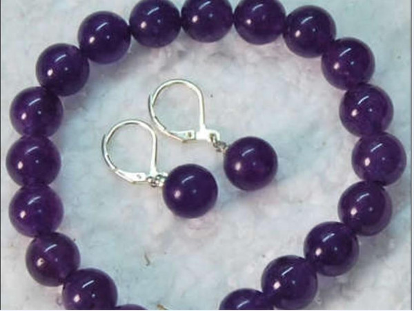 Pretty! 10MM Amethyst Round Beads Bracelet and Earring AA