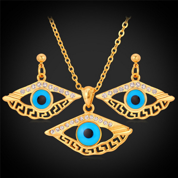 New Design Vintage Blue Evil Eyes 18K Gold Plated Choker Necklace Dangle Earrings Rhinestone Jewelry Sets