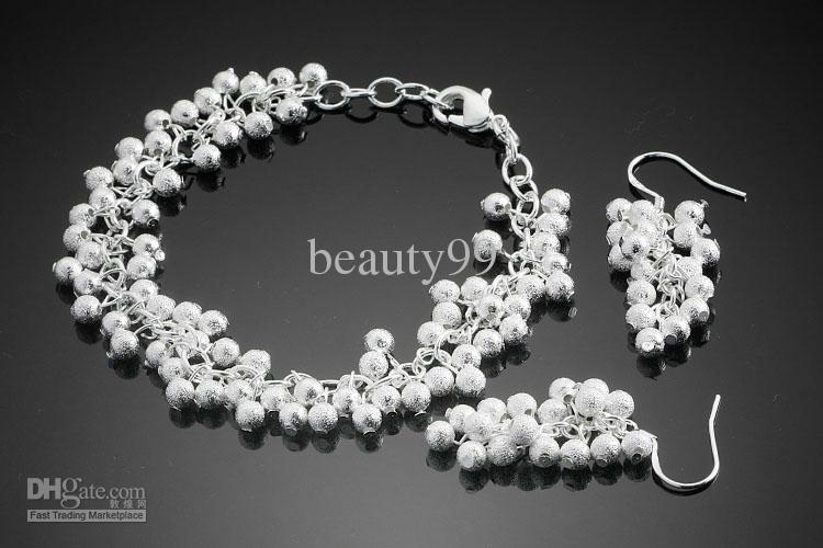 Hot Selling Womens Charming 925 Silver Plated Ball Jewelry Nonallergenic Jewelry Ladies 2pcs Bracelet+Earrings Selected Quality L2