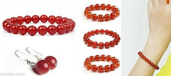 A Set Beautiful Red Jade 10mm/18 Beads Bracelets / Earrings