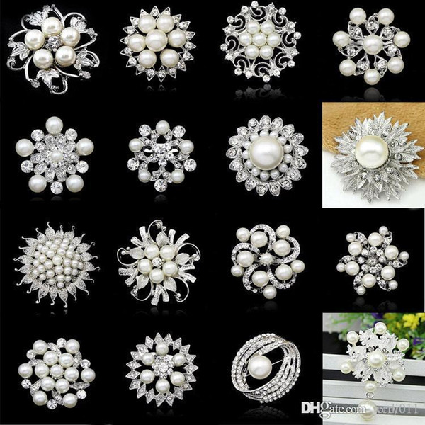 Drop Shipping Rhinestone Crystal Wedding Bridal Bouquet Silver Flower Faux Pearl Brooch Pin Fashion Jewelry Brooch-0003\P