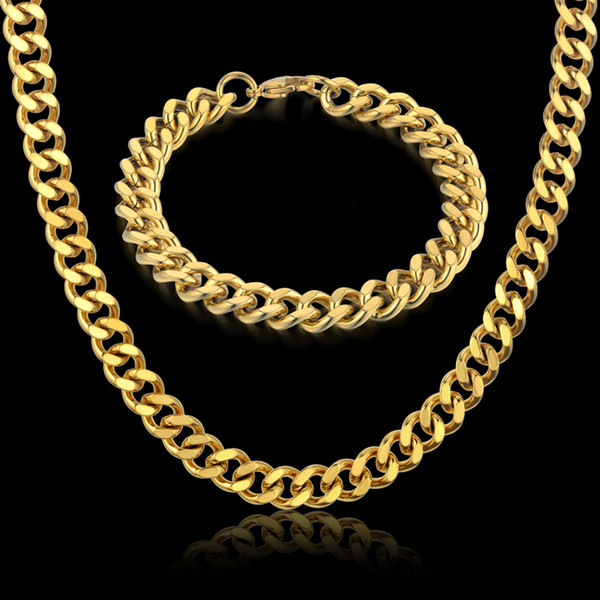 Hiphop Stainless Steel Men Curb Cuban Link Chain & Necklace Set Male Gold Color Steel Bracelet Chain Jewelry Sets