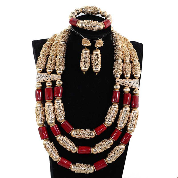 Fantastic Wine Red Natural Coral Beads Jewelry Set Nigerian Women Wedding Coral Statement Necklace Set Dubai Gold Jewelry CL375