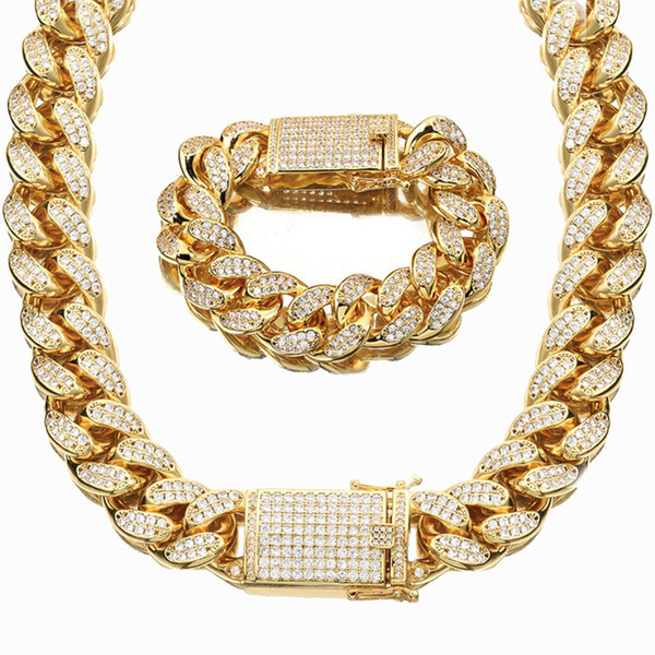 18mm wide Gold Color Stainless Steel AAA Rhinestone Cuban Necklace Bracelets Set Men Hip Hop Bling Iced Out Link Chain Jewelry