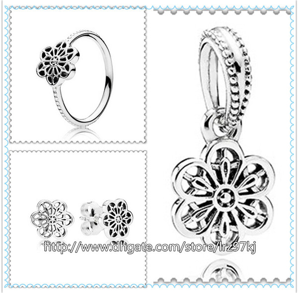 925 Sterling Silver Ring & Earrings and Jewelry Charms Pendant Sets with Box Fits European Jewelry Bracelets & Necklaces- Floral Daisy