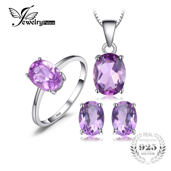 JewelryPalace Oval 4.2ct Natural Gemstone Amethyst Ring Earrings Pendant Necklace Jewelry Set 925 Sterling Silver JewelryY1882503