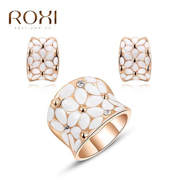 ROXI Fashion Women White Carved Flower White Rose Gold Plated Stud Earrings Chain Necklace Jewelry Sets Romantic Valentine Gift