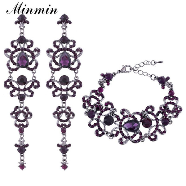 Purple Crystal Bridal Jewelry Sets Large Teardrop Earrings Bracelets Sets Wedding Jewelry Sets for Women EH168+SL029