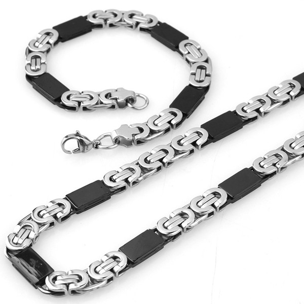 8mm wide Stainless Steel Byzantine Chain Necklace Bracelet Set Flat Link Chains Necklaces for Men Hip Hop Rapper jewelry