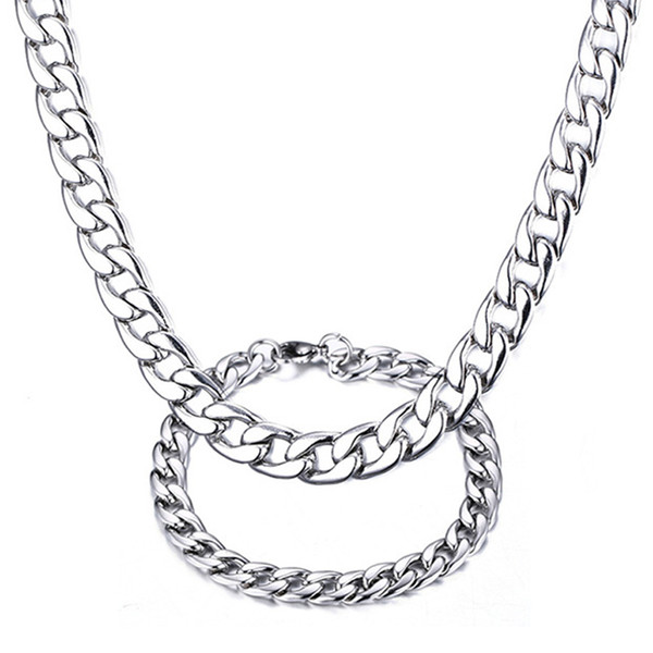 Mens Jewelry Silver Tone Stainless Steel 8mm Figaro Chain Link Necklace Bracelet Set 18