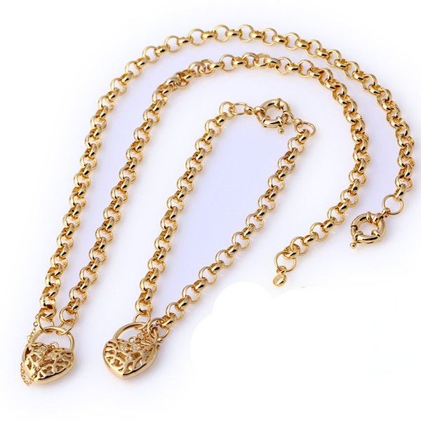 Women Jewelry Set Yellow Gold Filled Filigree Heart Padlock Necklace/Bracelet Set