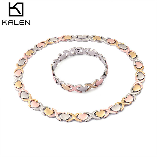 wholesale Fashion Stainless Steel Jewellery Sets For Women Tri-Color Bracelet & Necklace Sets Bohemia Heart Bijoux Jewelry Gifts