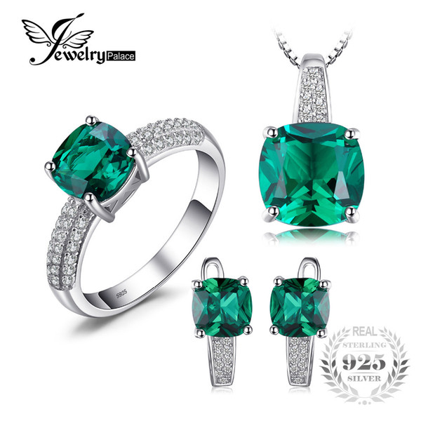 JewelryPalace 8.7ct Emerald Ring Pendant Clip Earrings Jewelry Set 925 Sterling Silver Fine Jewelry 45cm Box ChainY1882503