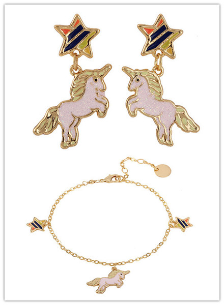 Free shipping fashion Enamel glaze stars unicorn bracelet earrings ear